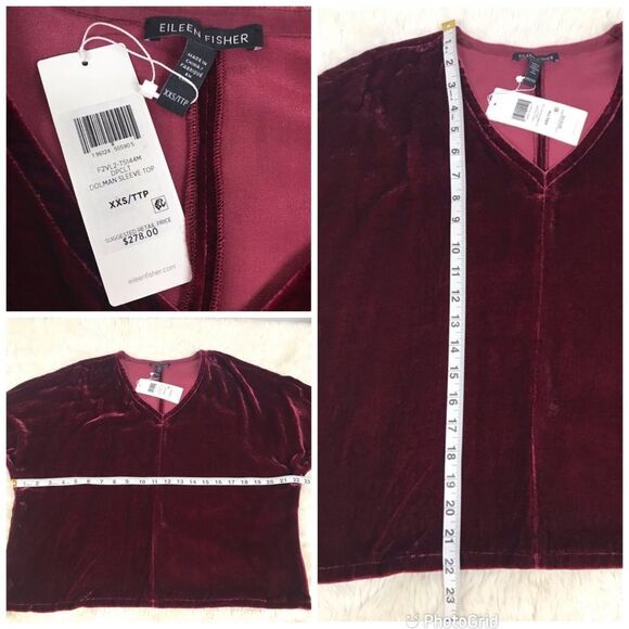 EILEEN‎ FISHER Red Velvet Dolman Sleeve Blouse Boxy Top Silk Blend XXS New - Picture 8 of 9